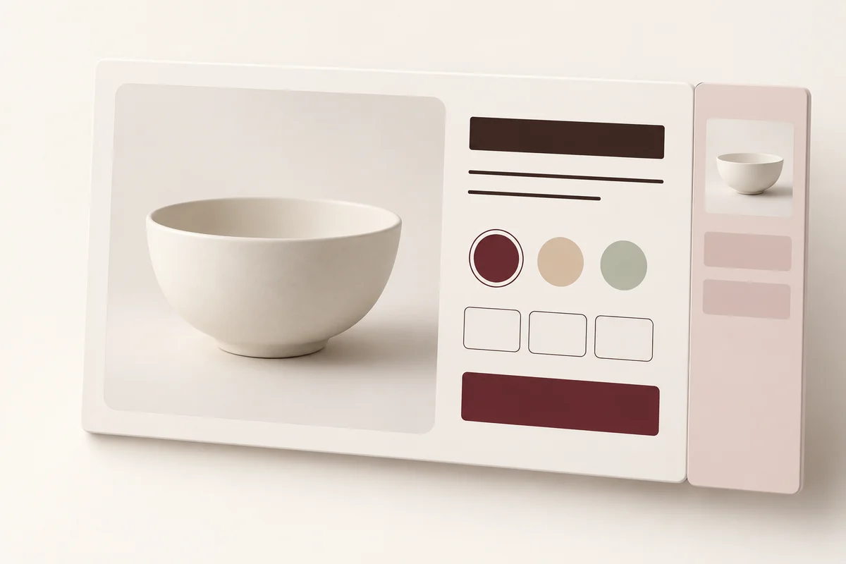 Fiche produit d’un bol en céramique : grande image, trois variantes de couleur, tailles et bouton, avec un panier glissé sur le côté.