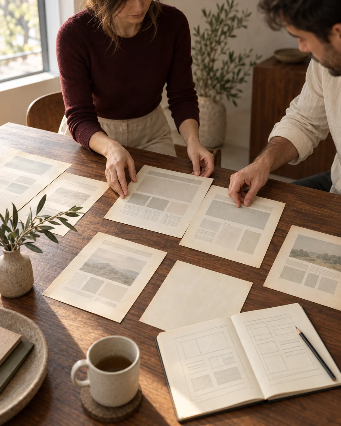 Deux personnes réorganisent sur une table les pages imprimées d’un ancien site, à côté d’un carnet où un plan de pages est dessiné.