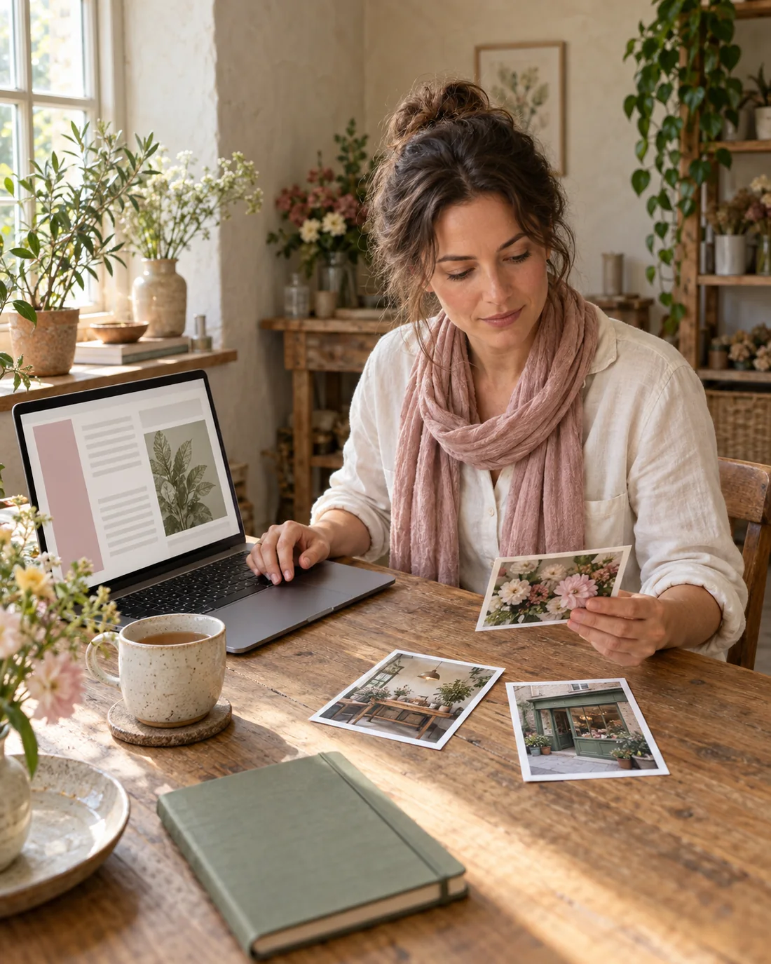 Une femme choisit une photographie imprimée à côté de son ordinateur portable, où un éditeur de page en blocs est ouvert.