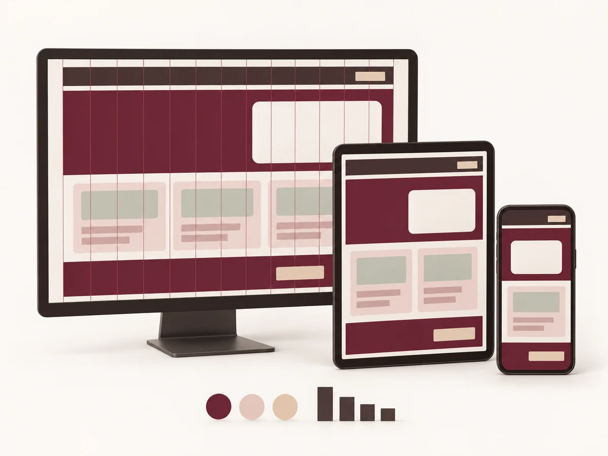 La même page de site professionnel affichée sur un ordinateur, une tablette et un téléphone, avec une grille de douze colonnes et une bande de couleurs et d’échelle.