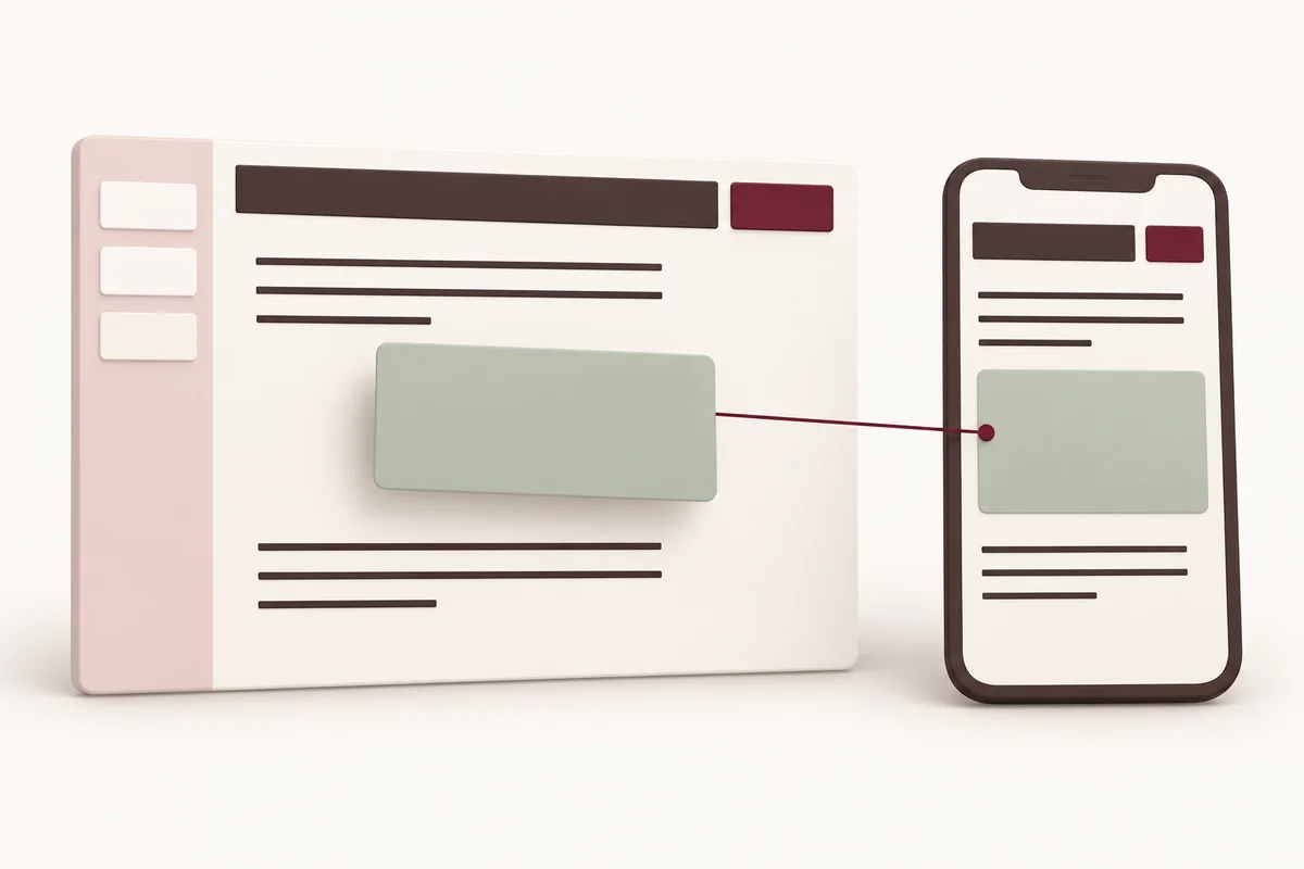 Un éditeur de page en blocs avec un bloc image en cours de placement, relié à sa position sur la page publiée affichée dans un téléphone.